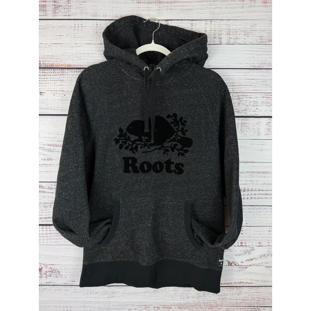 Roots Canada Black Marled Flocked Beaver Logo Hoodie M